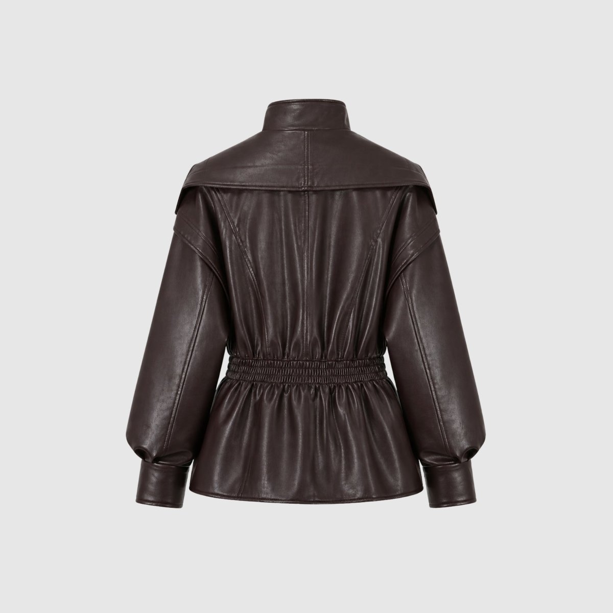 Flat lay back view of dark brown faux leather peplum jacket with smocked waist detail.