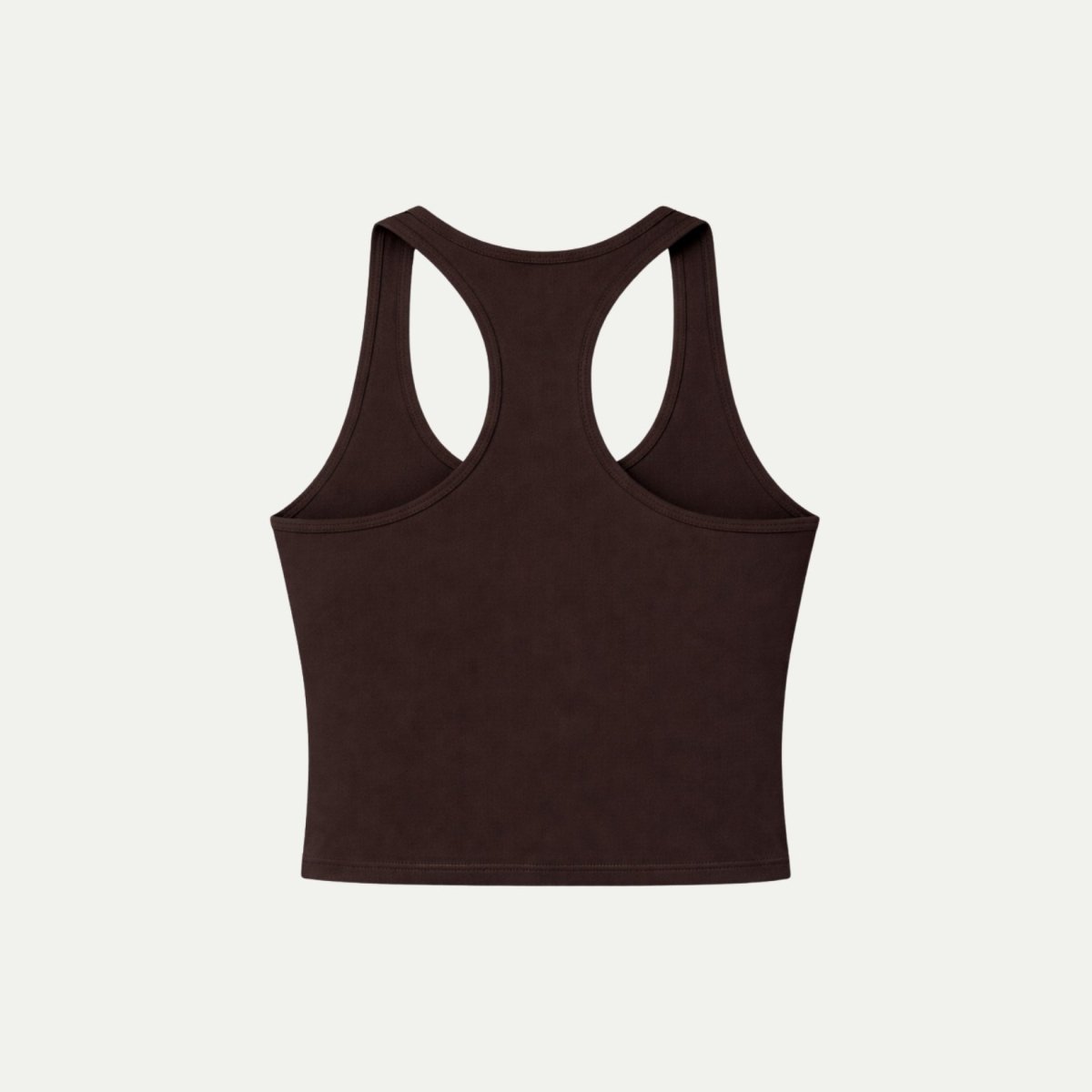 Flat lay back view of a dark brown racerback athletic sports bra top.