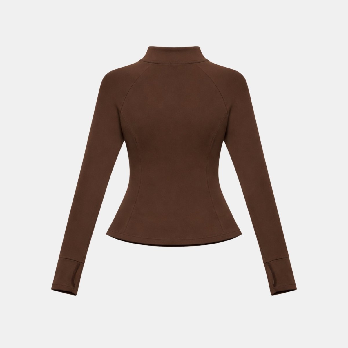 Flat lay back view of the Kouvr dark brown tailored activewear jacket highlighting premium seam details