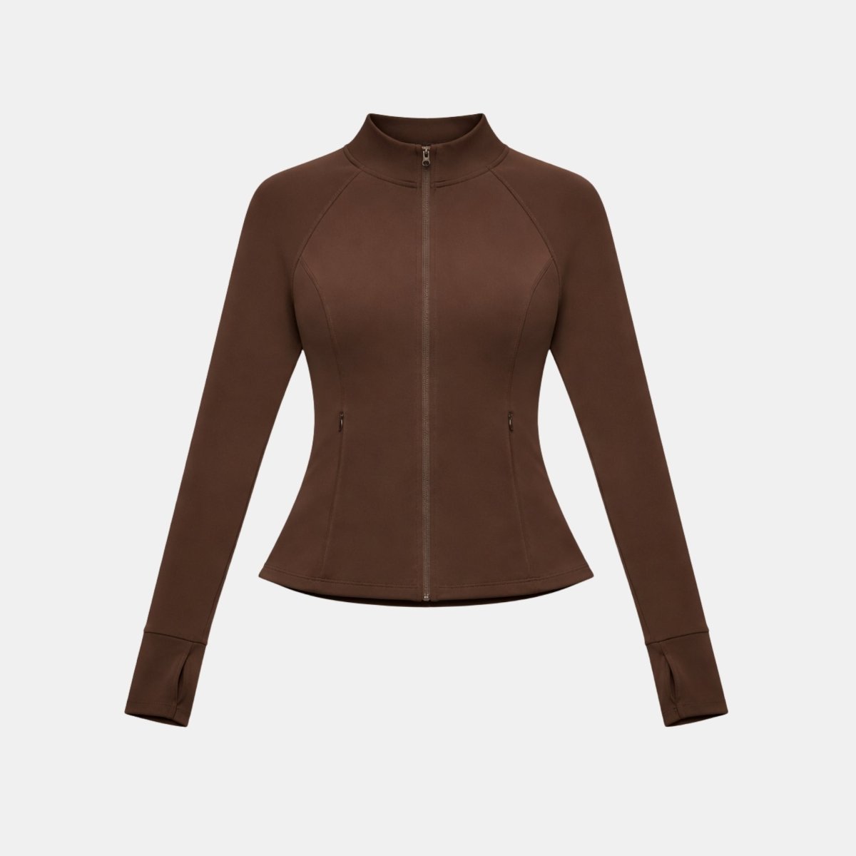 Flat lay front view of the Kouvr dark brown zip up jacket highlighting thumbholes and hidden zip pockets