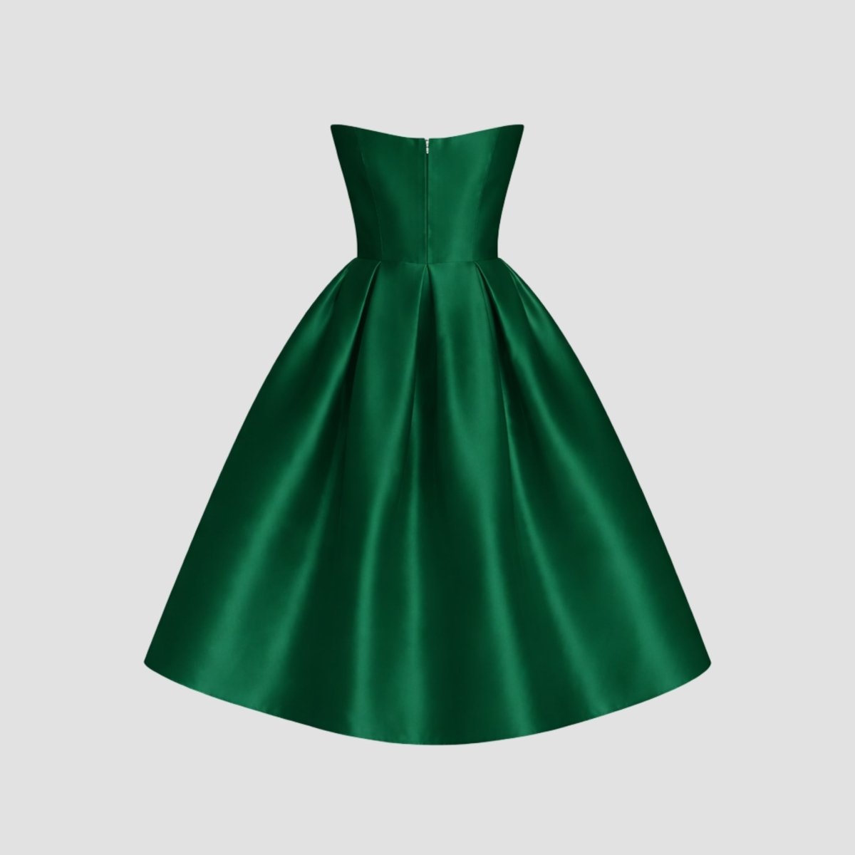 Ghost mannequin back view of the green formal satin dress displaying the tailored back seams and wide flared skirt.