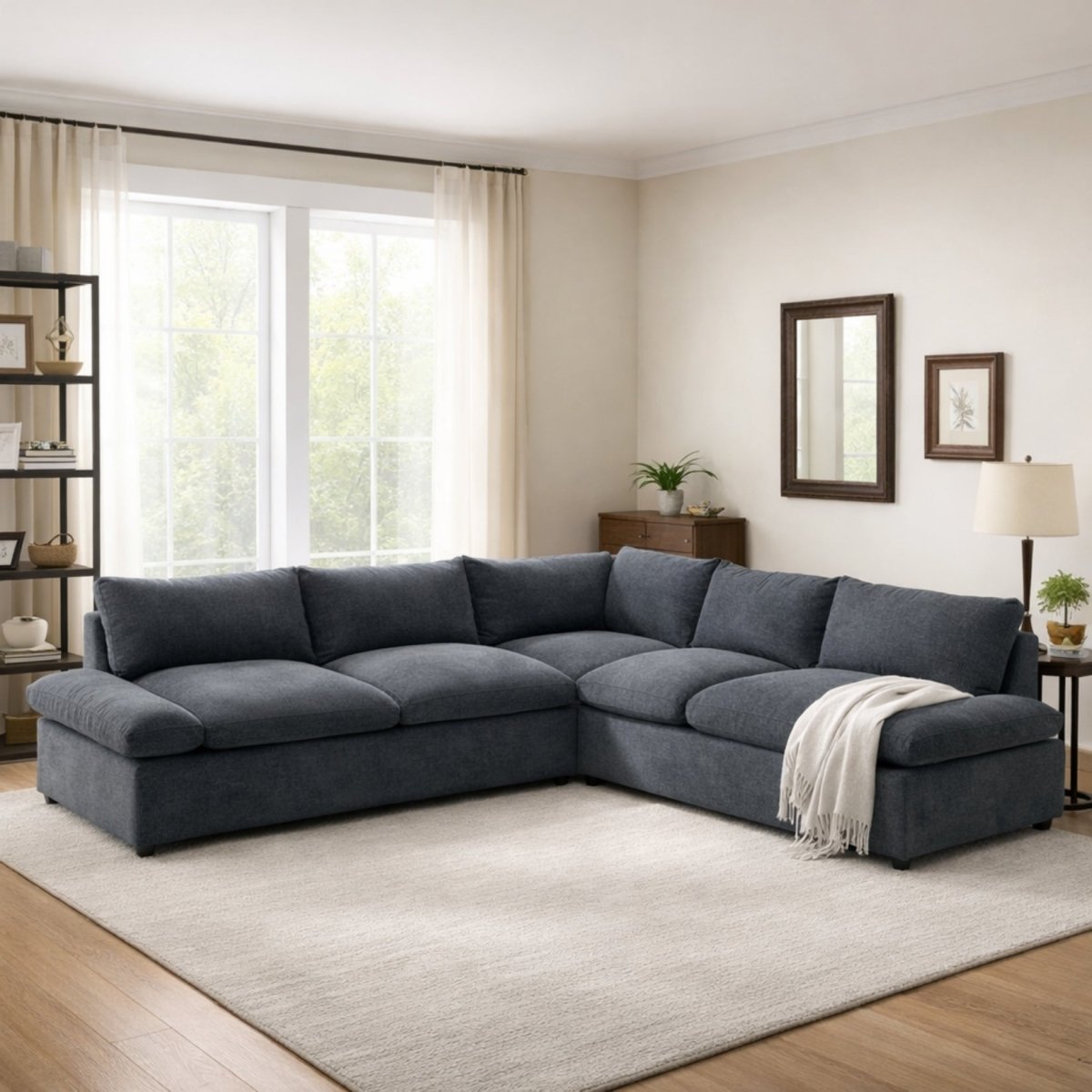 Dark grey oversized L-shaped sectional sofa in a bright modern living room