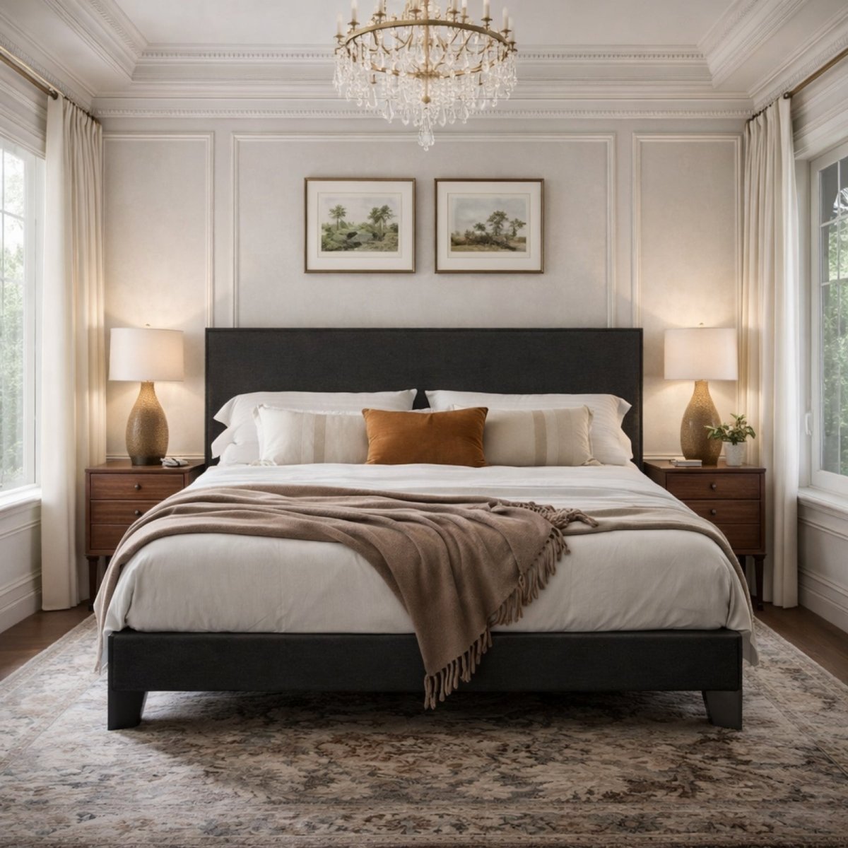 Front view of the dark grey Kouvr upholstered bed in a modern bedroom with two nightstands, showcasing its minimalist and symmetrical appeal.