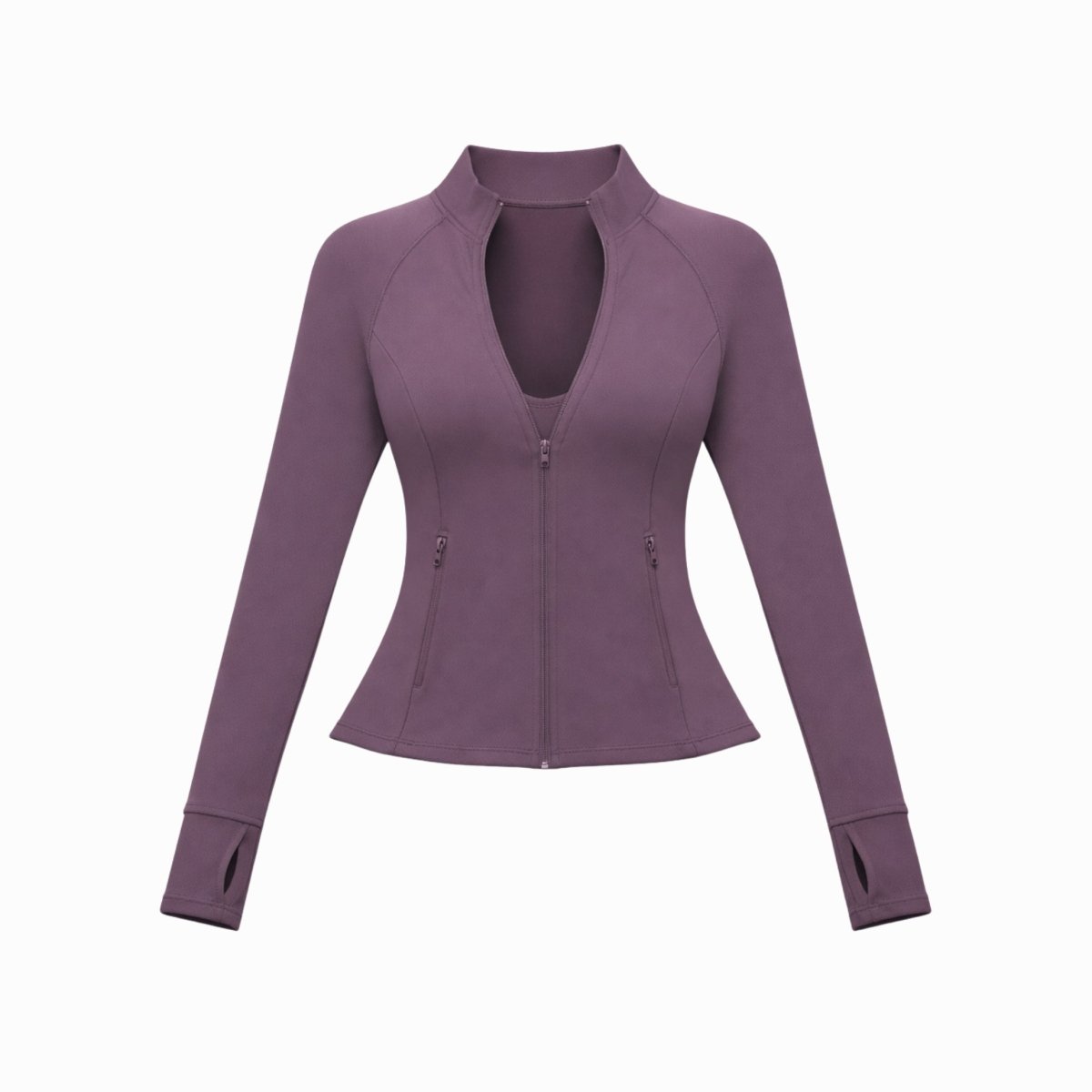 Flat lay front view of Kouvr deep purple women's athletic jacket showing seam details