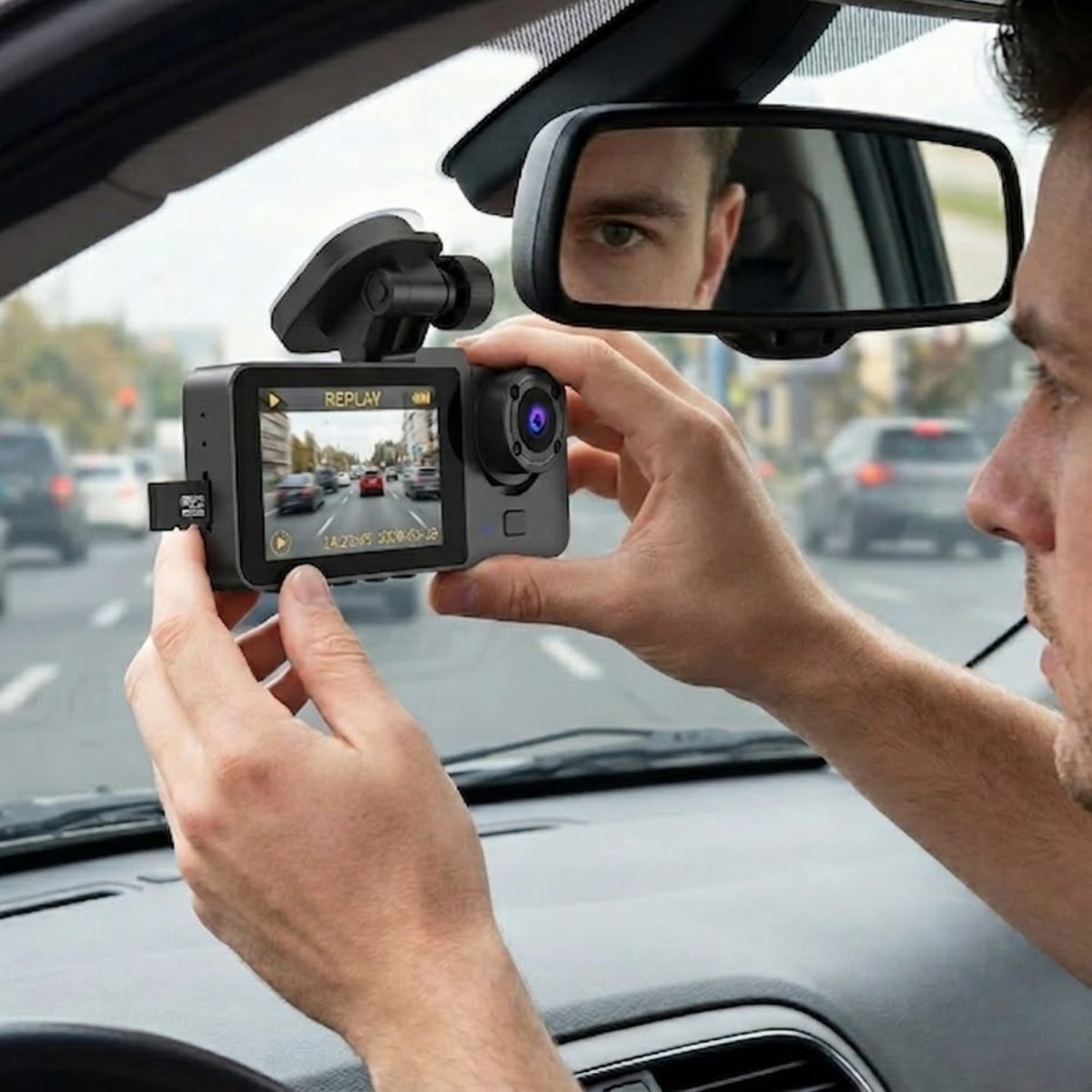 Infrared night vision demonstration of a dash cam showing clear black and white footage of a car interior and city street at night.