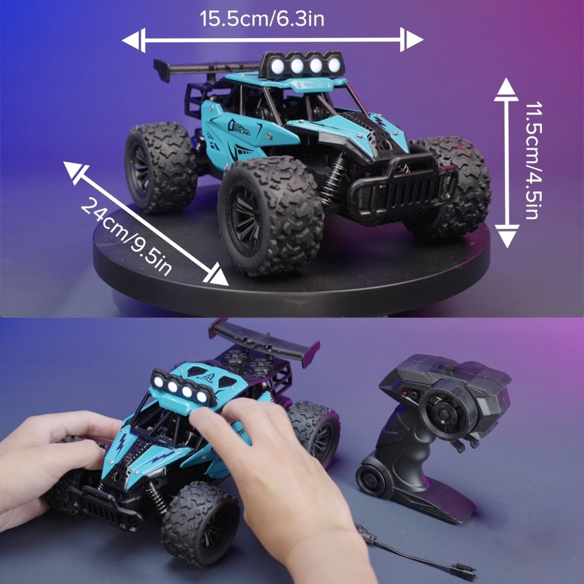 A specifications image showing the Dash Racing RC car's dimensions (24cm long, 15.5cm wide, 11.5cm high) and the included pistol-grip remote controller.