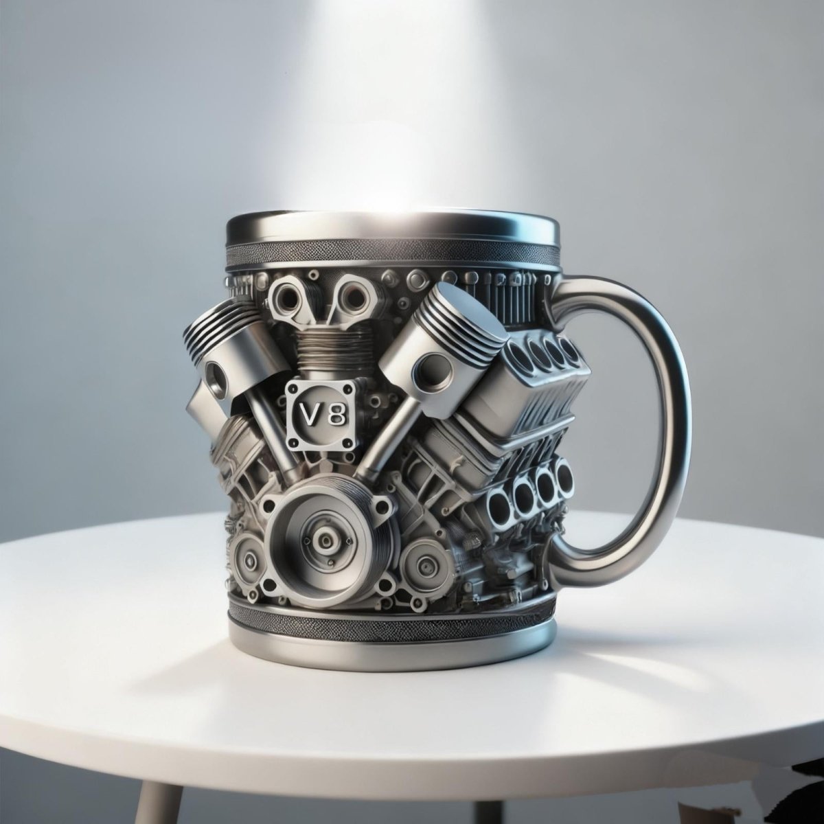 A studio product shot of the Kouvr V8 engine mug on a white table, showcasing its intricate mechanical details.