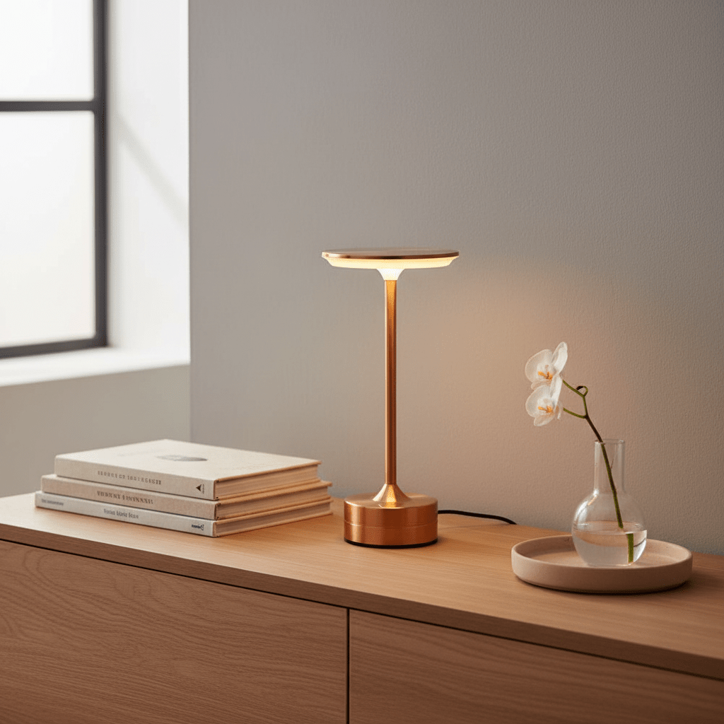 Close up of a hand using the seamless touch control on top of the Kouvr dimmable metal bedside lamp.
