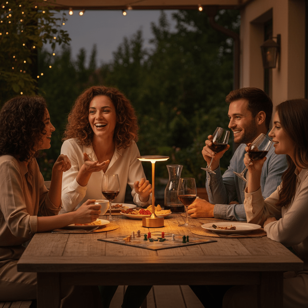 A group of friends enjoying the warm ambiance of Kouvr portable rechargeable reading lamps in a cozy, modern living room.