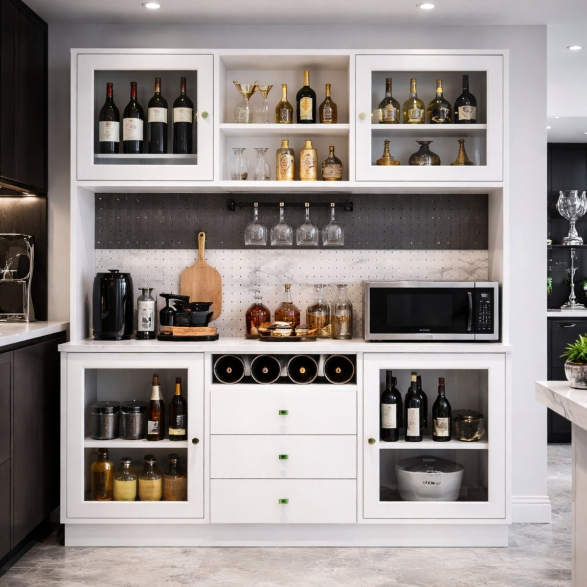 Angled view of the Kouvr dining room hutch, showing the upper and lower cabinets with tempered glass doors revealing the ample interior shelving for tableware and decor.