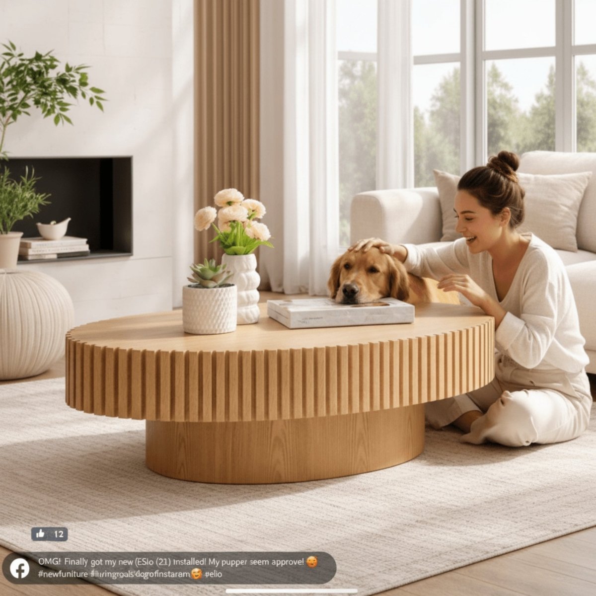 Golden retriever resting chin on a ribbed oval wood coffee table next to a smiling woman on a rug.