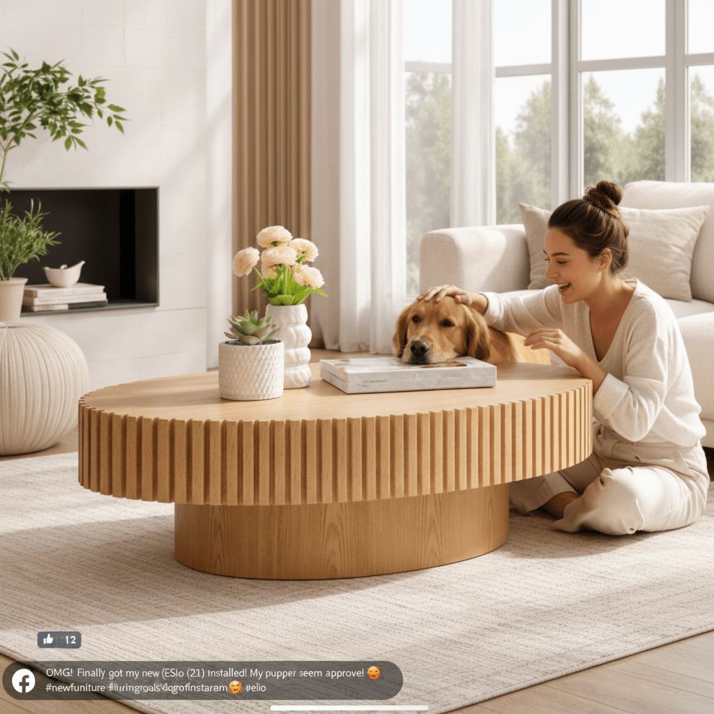 Golden retriever resting chin on a ribbed oval wood coffee table next to a smiling woman on a rug.
