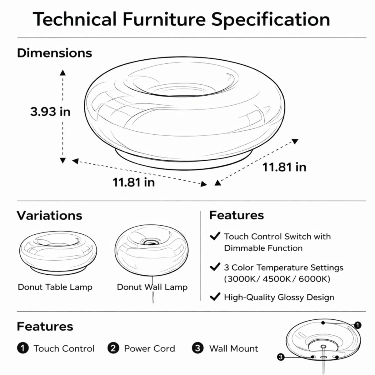 Technical diagram of Kouvr lamp showing 11.81 inch width and 3.93 inch height with dual table and wall mount capabilities.