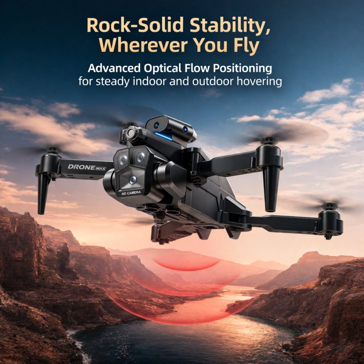 A Drone Max performing a flawless 360-degree aerial stunt roll against a background of snowy mountains and a blue lake.