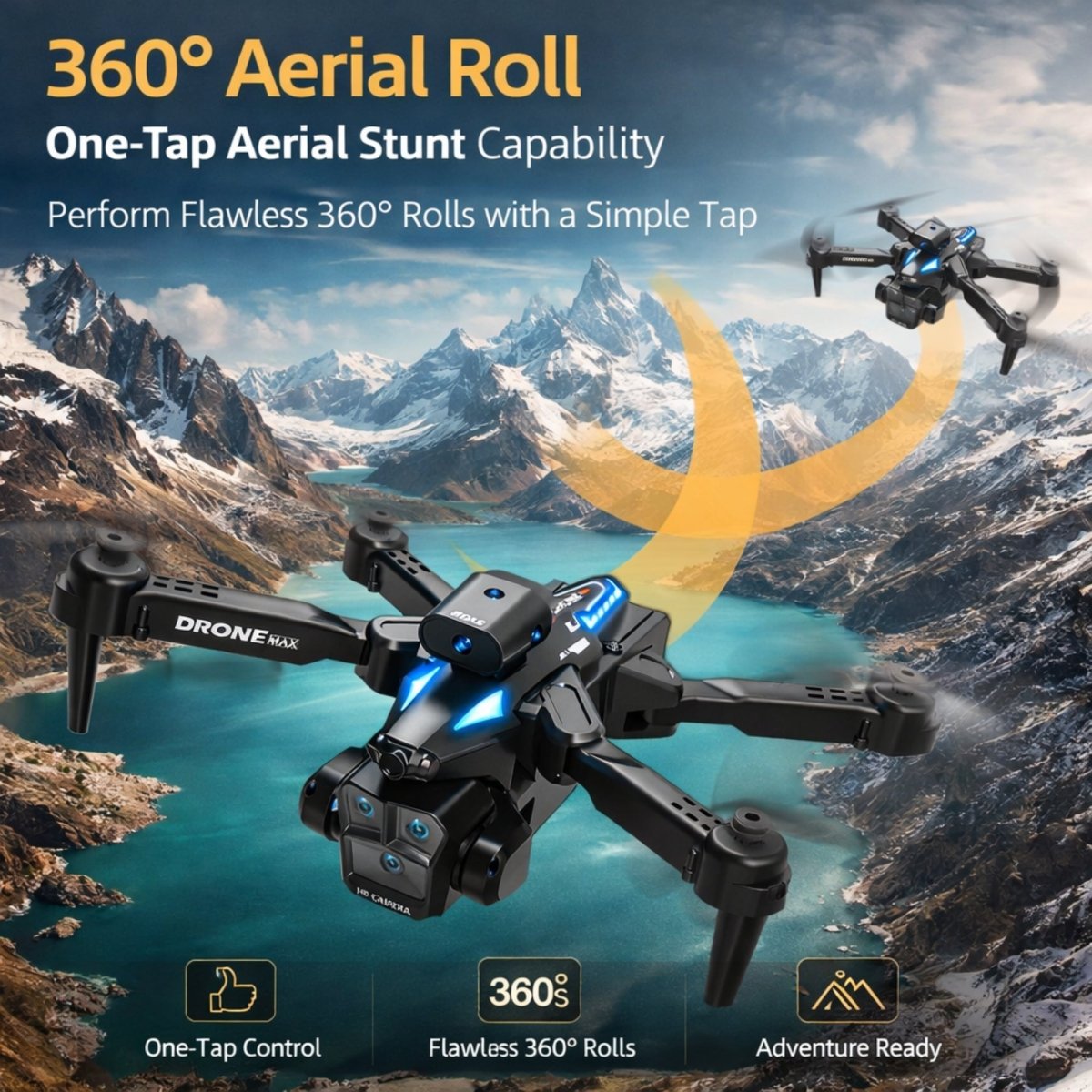 Close-up of a Drone Max in flight over a foggy mountain valley, with glowing red indicators highlighting the advanced obstacle avoidance sensors.