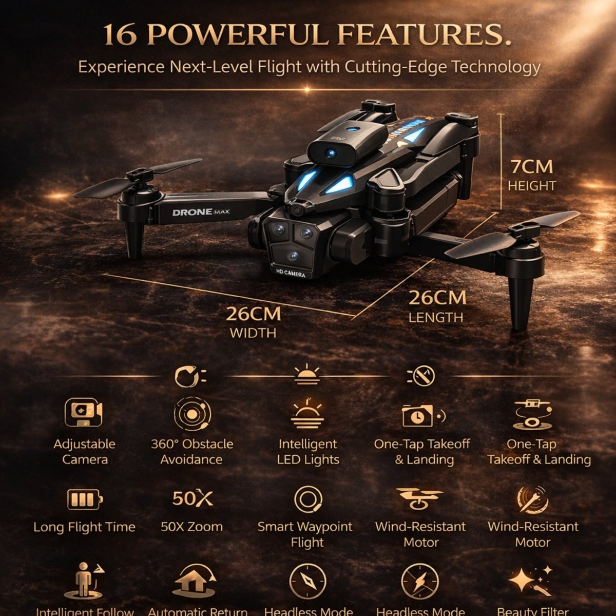A professional three-quarter studio portrait of an unfolded Drone Max quadcopter with blue LED lights on a white marble floor.