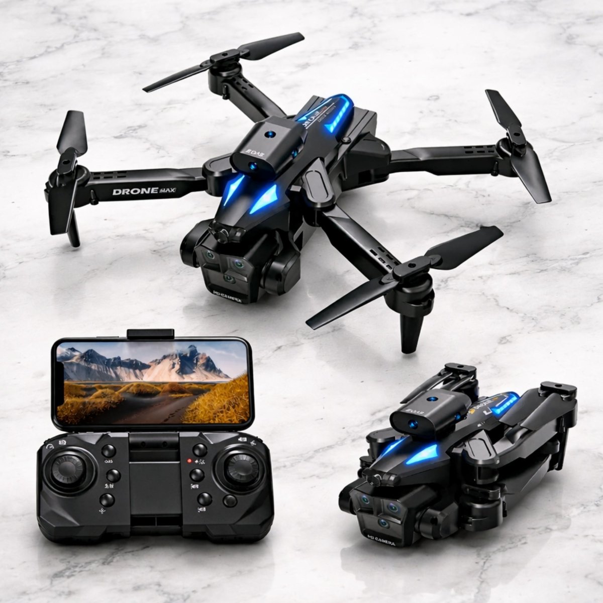 An unfolded black Drone Max with blue lights displayed next to a folded unit and its controller on a white marble surface.