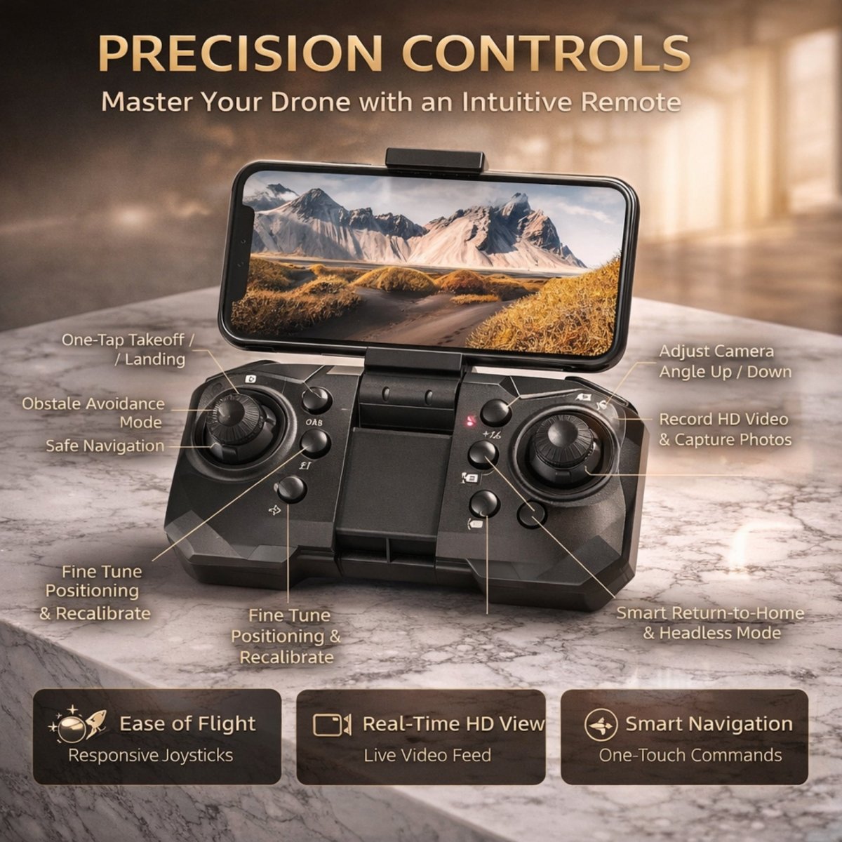 A rugged environment view of a black Drone Max, focusing on its reinforced design, carbon fiber-like frame texture, and powerful motors.