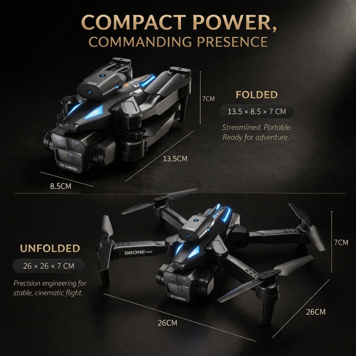 A rugged environment view of a black Drone Max, focusing on its reinforced design, carbon fiber-like frame texture, and powerful motors.