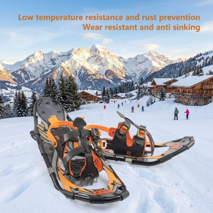 Pair of professional snowshoes on a groomed trail at a ski resort showing low temperature resistance and anti-sinking features.