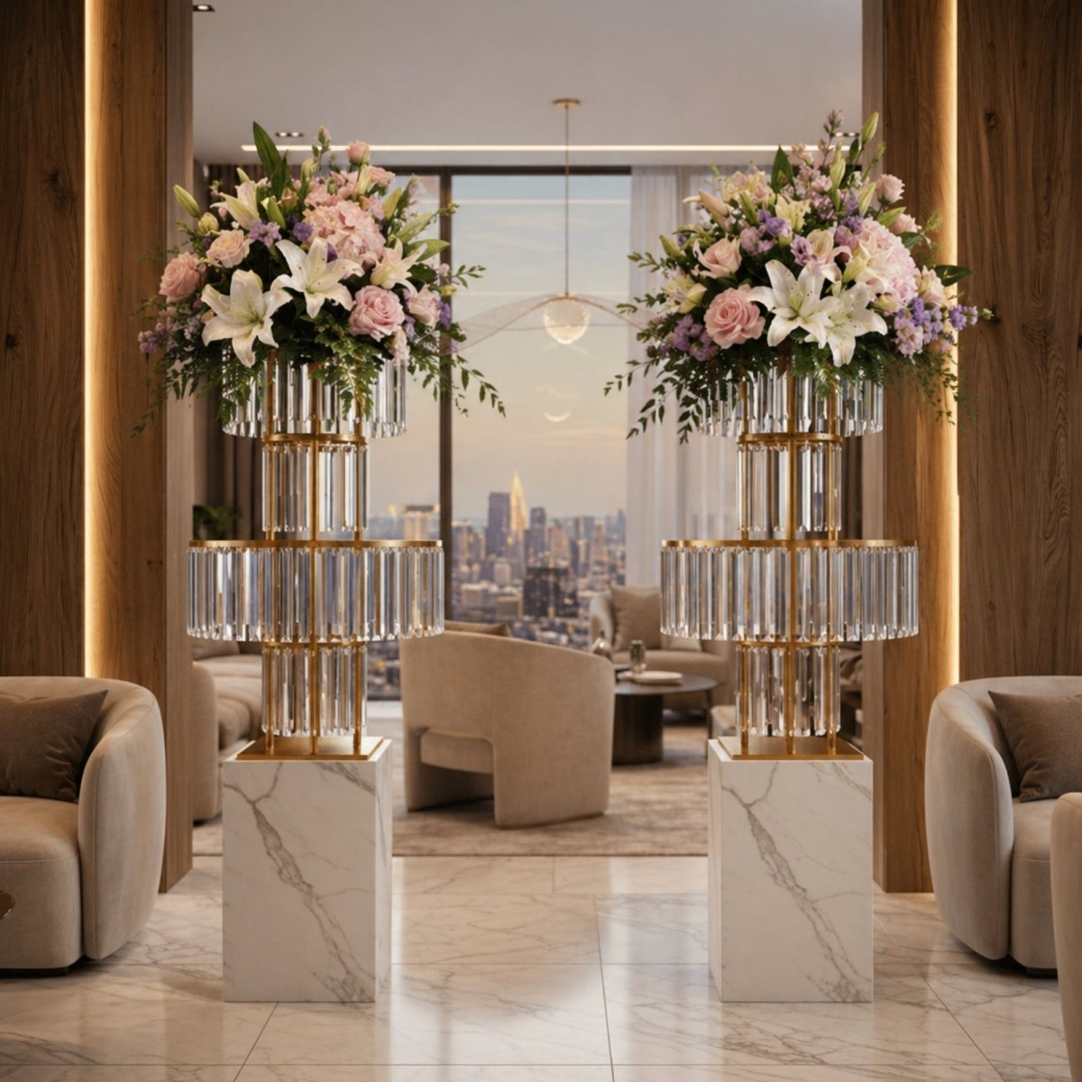 Elegant tiered crystal floral display stands acting as statement decor pieces in a luxury modern penthouse overlooking a city skyline.