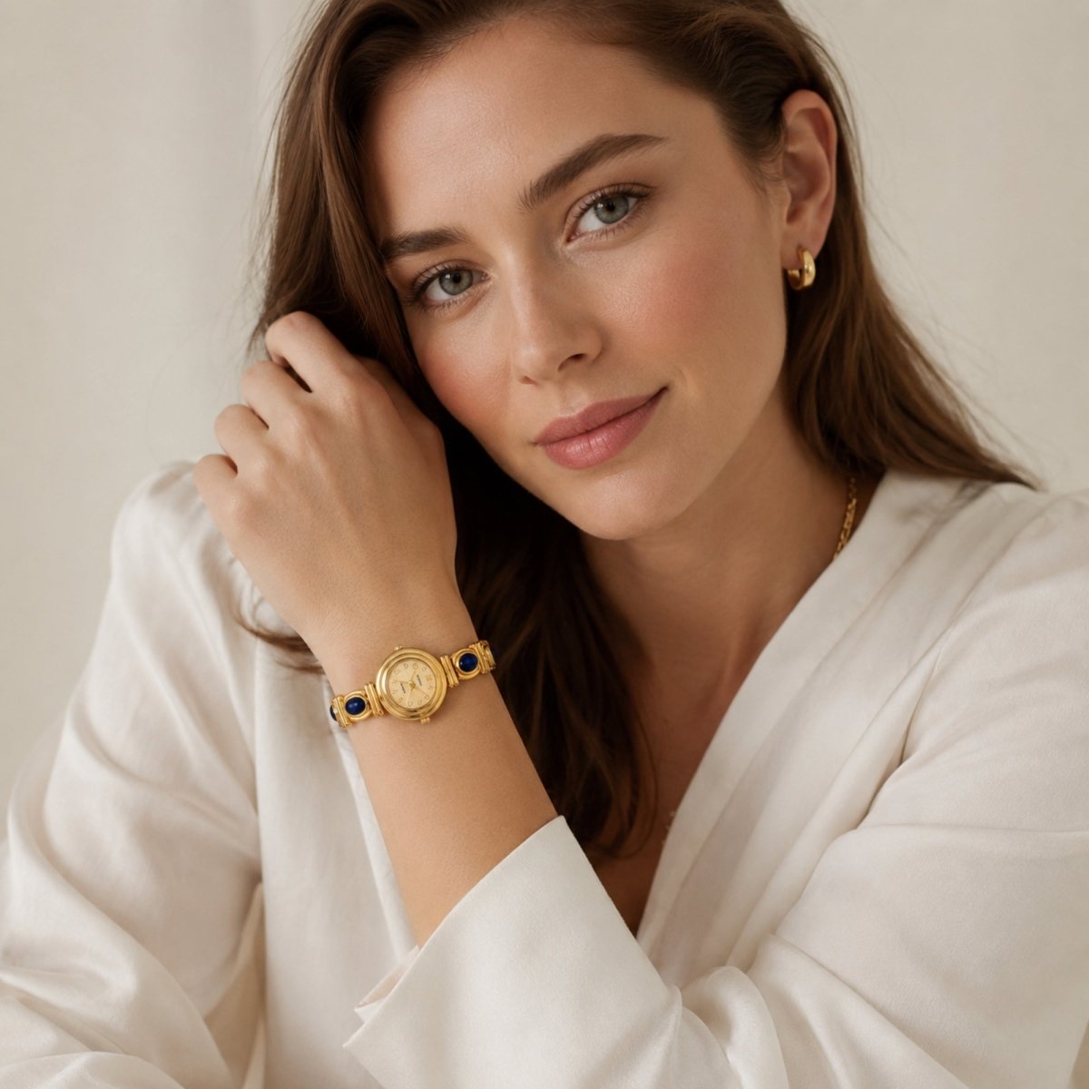 Beautiful woman effortlessly styling the Kouvr elegant gold bracelet watch with blue stones, paired with a white silk blouse for a sophisticated luxury look.