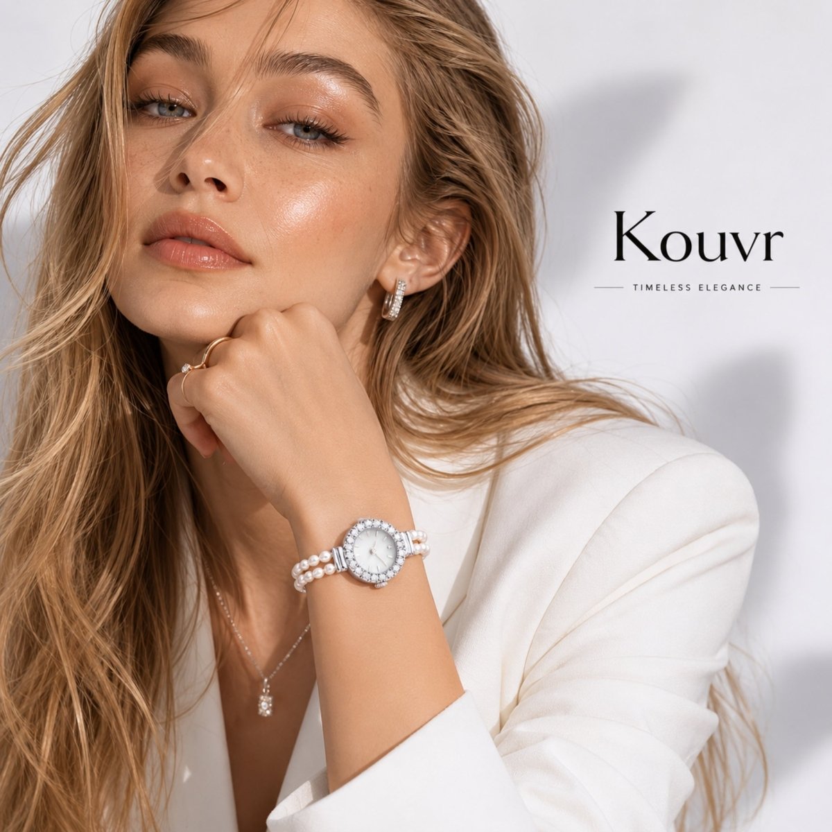 Elegant blonde woman in a white blazer resting her chin on her hand, wearing the Kouvr silver pearl bracelet watch with a glowing crystal halo dial.