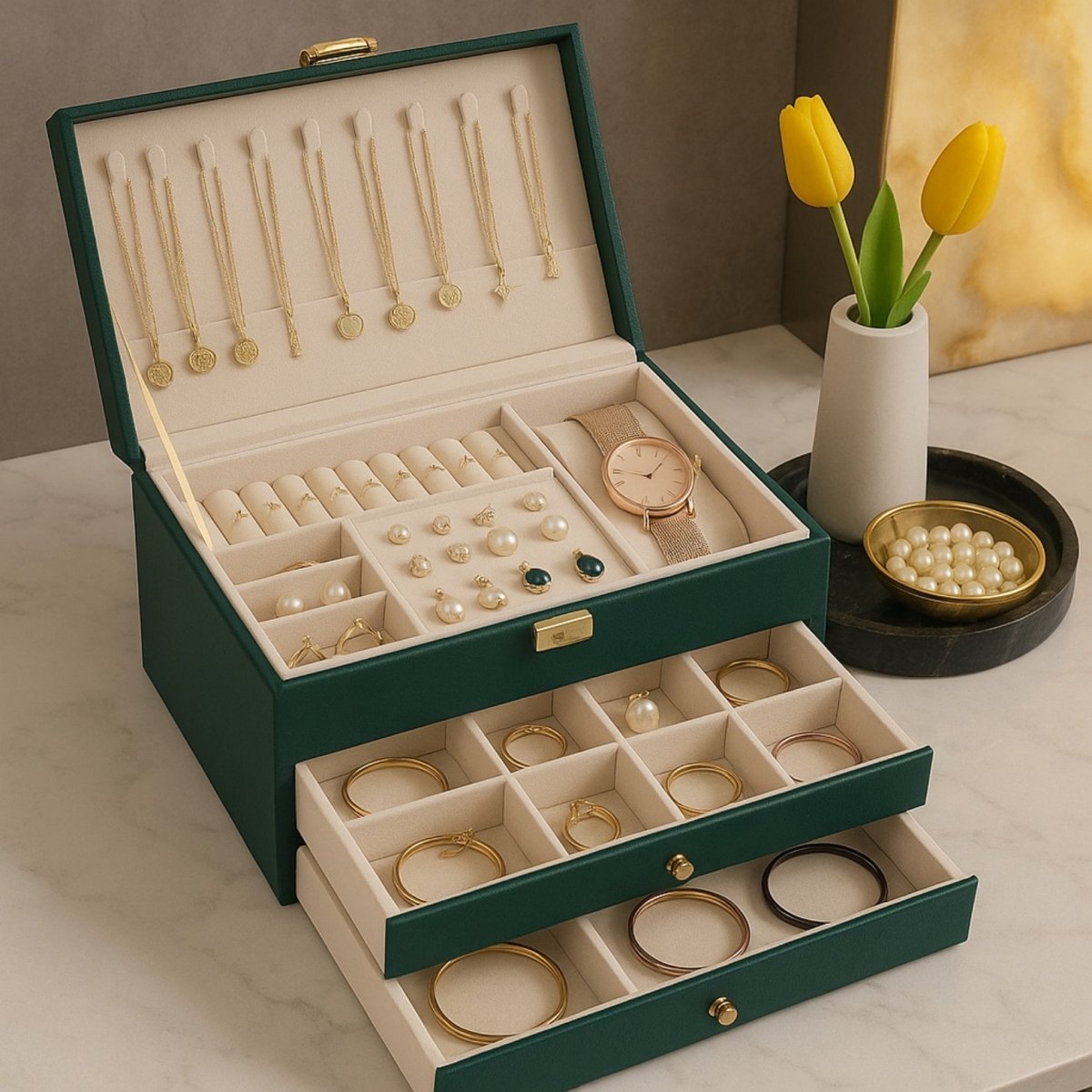 Emerald green vintage-style jewelry organizer with drawers pulled out to show ample storage for bangles and rings.