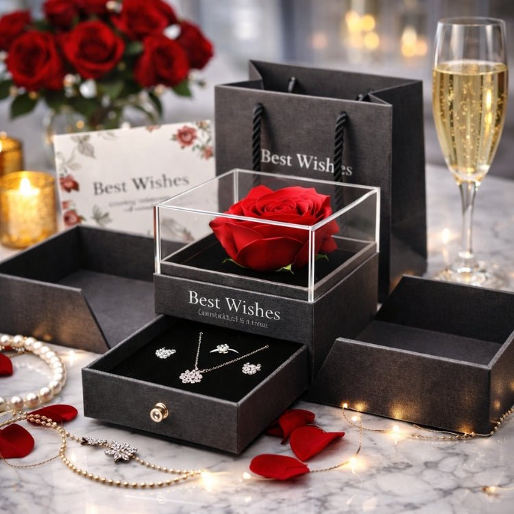 Close-up of an eternal red rose inside a clear acrylic display case on a blue jewelry box with a silver necklace drawer, displaying 'Best Wishes' gold text branding.