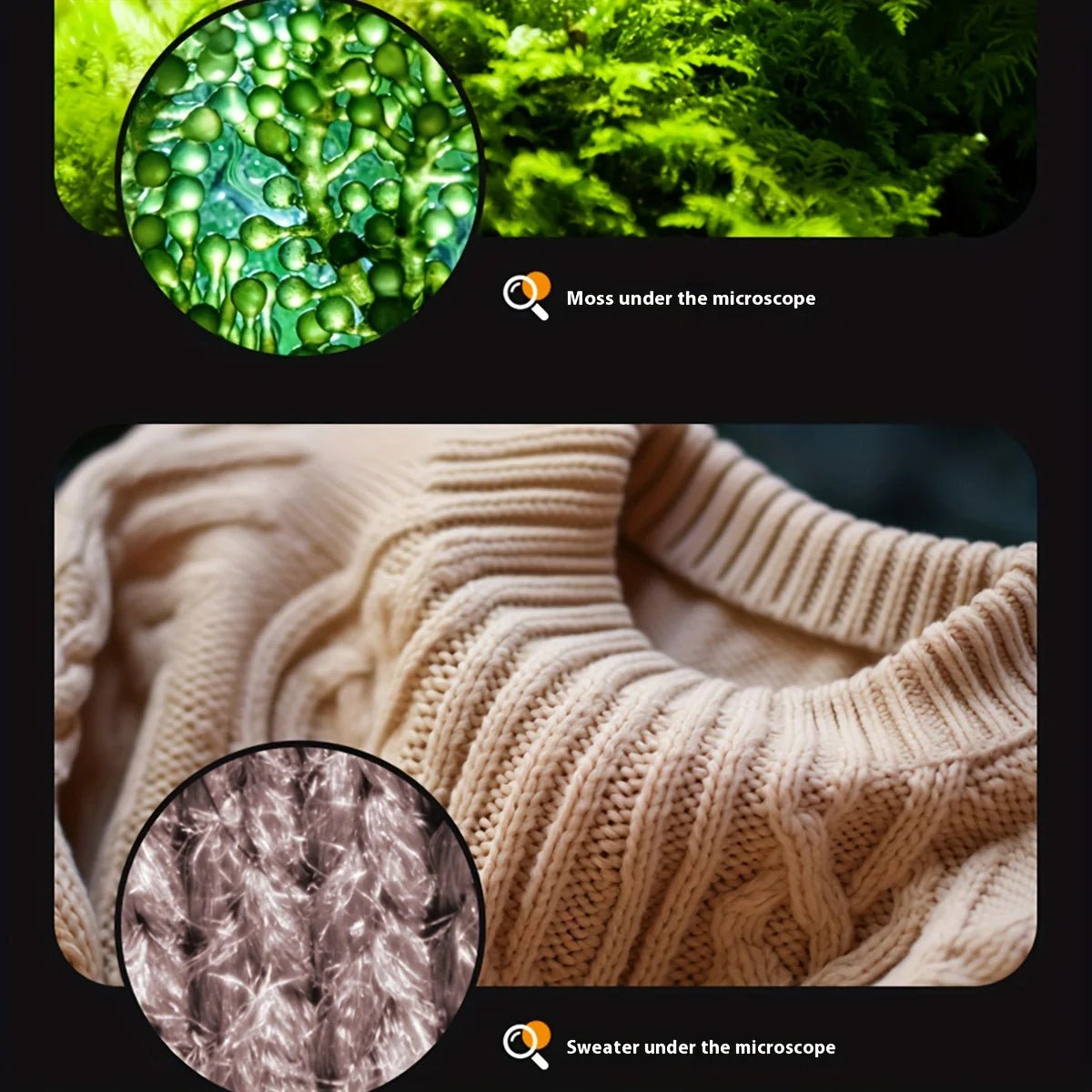 Collage showing magnified views of moss, and sweater fabric as seen through a children's portable microscope to show its versatility.