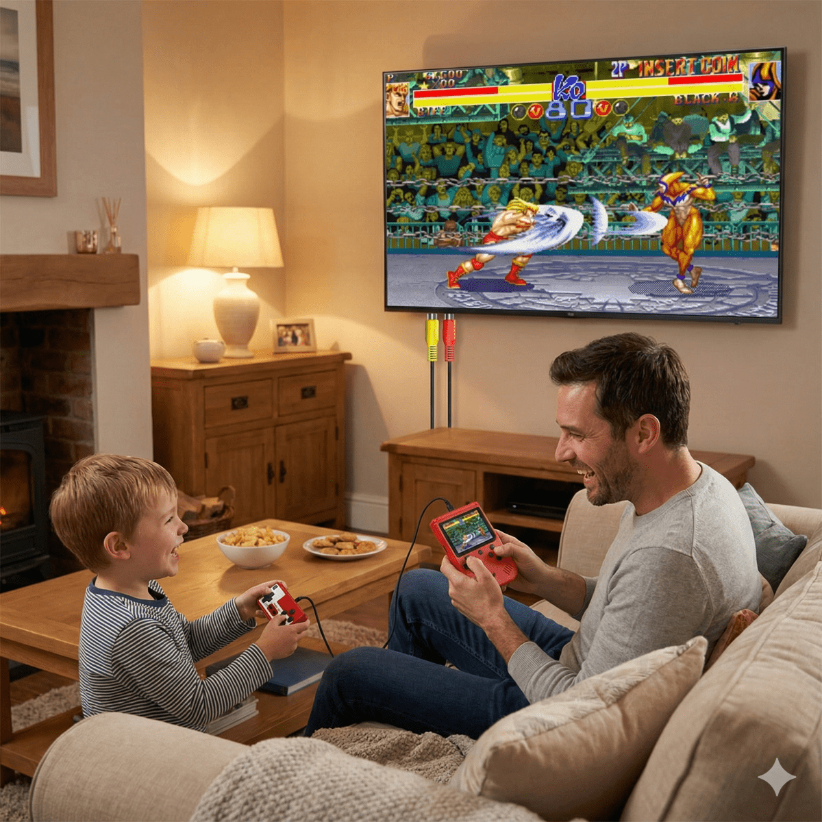 A father and son laughing together on a couch while playing a two-player game from the Kouvr handheld console connected to their living room television.