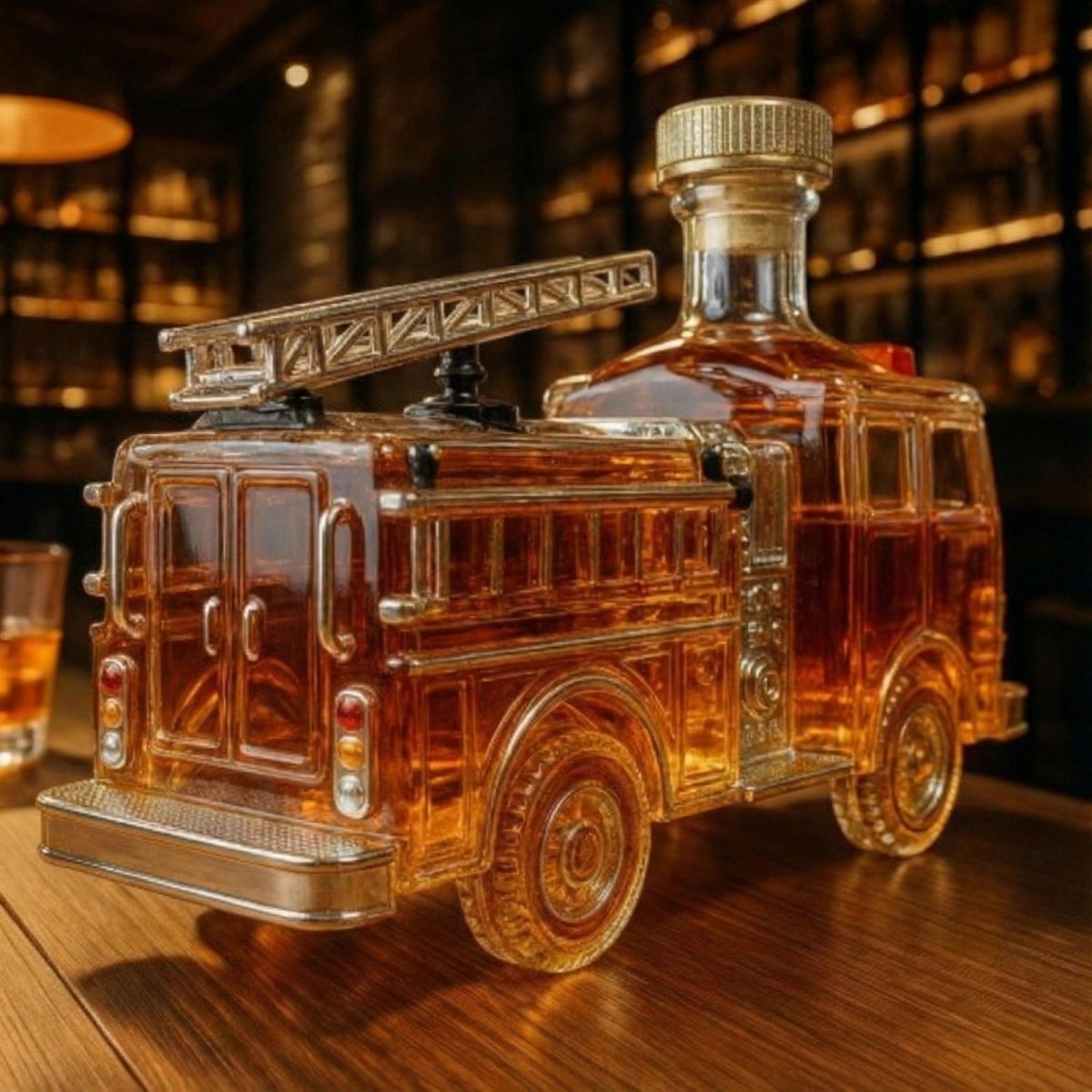 Side profile of the Kouvr fire truck whiskey decanter showcasing the ladder and artisan glasswork, an ideal gift for men's home bars.