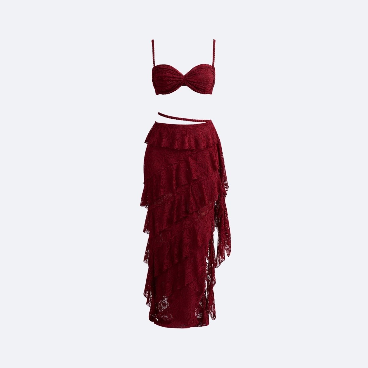 Ghost mannequin product shot of a wine red floral lace bustier top and matching high-low tiered ruffle maxi skirt set.