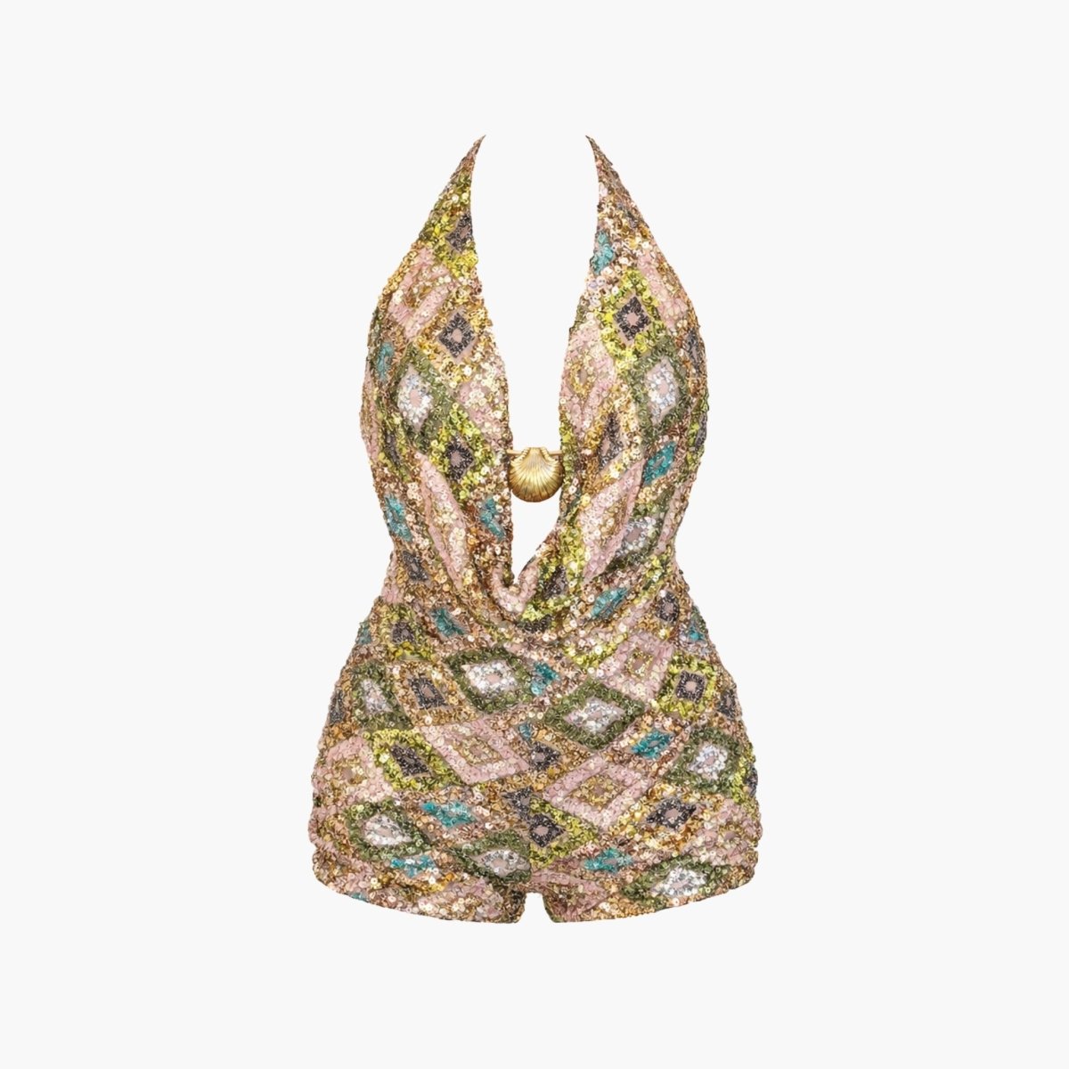 Ghost mannequin view of yellow and green diamond sequin plunging romper with center shell detail.
