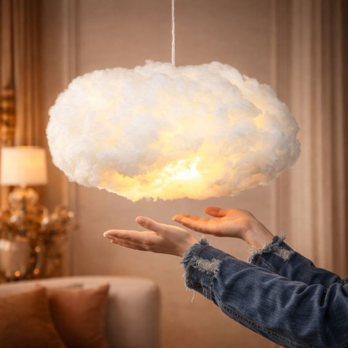 Person holding hands under a glowing white cloud pendant light to show size and soft warm LED texture.