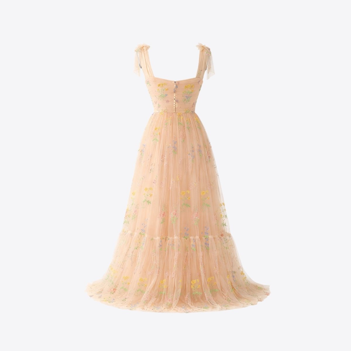 Back ghost mannequin view of peach tulle fairycore maxi dress showing structural corset details and back buttons.