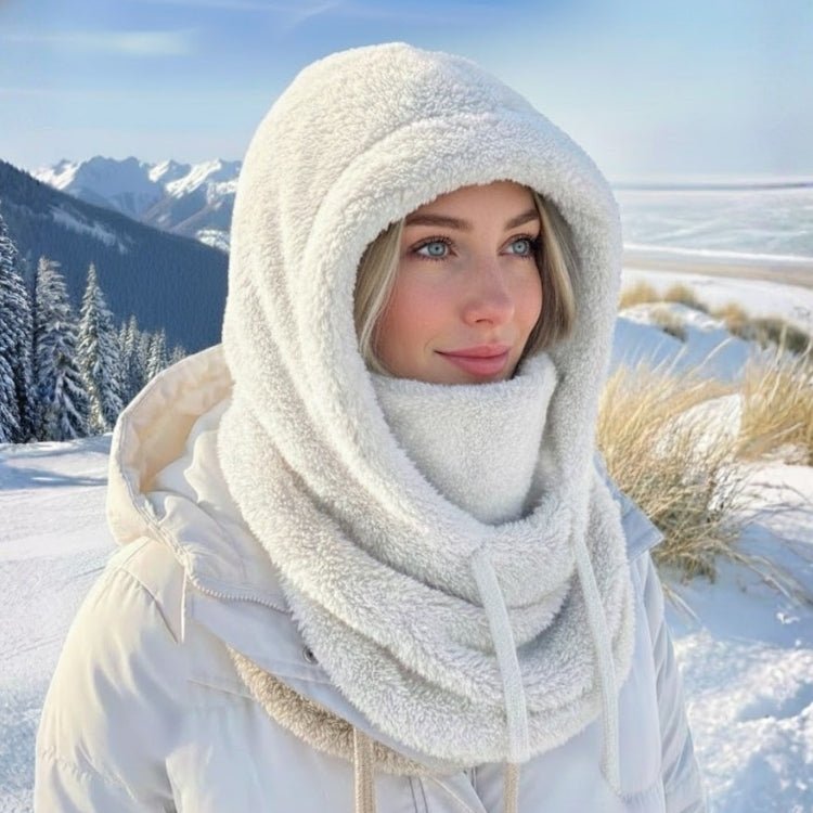 White fluffy winter hood hat side view showing adjustable drawstring fit.