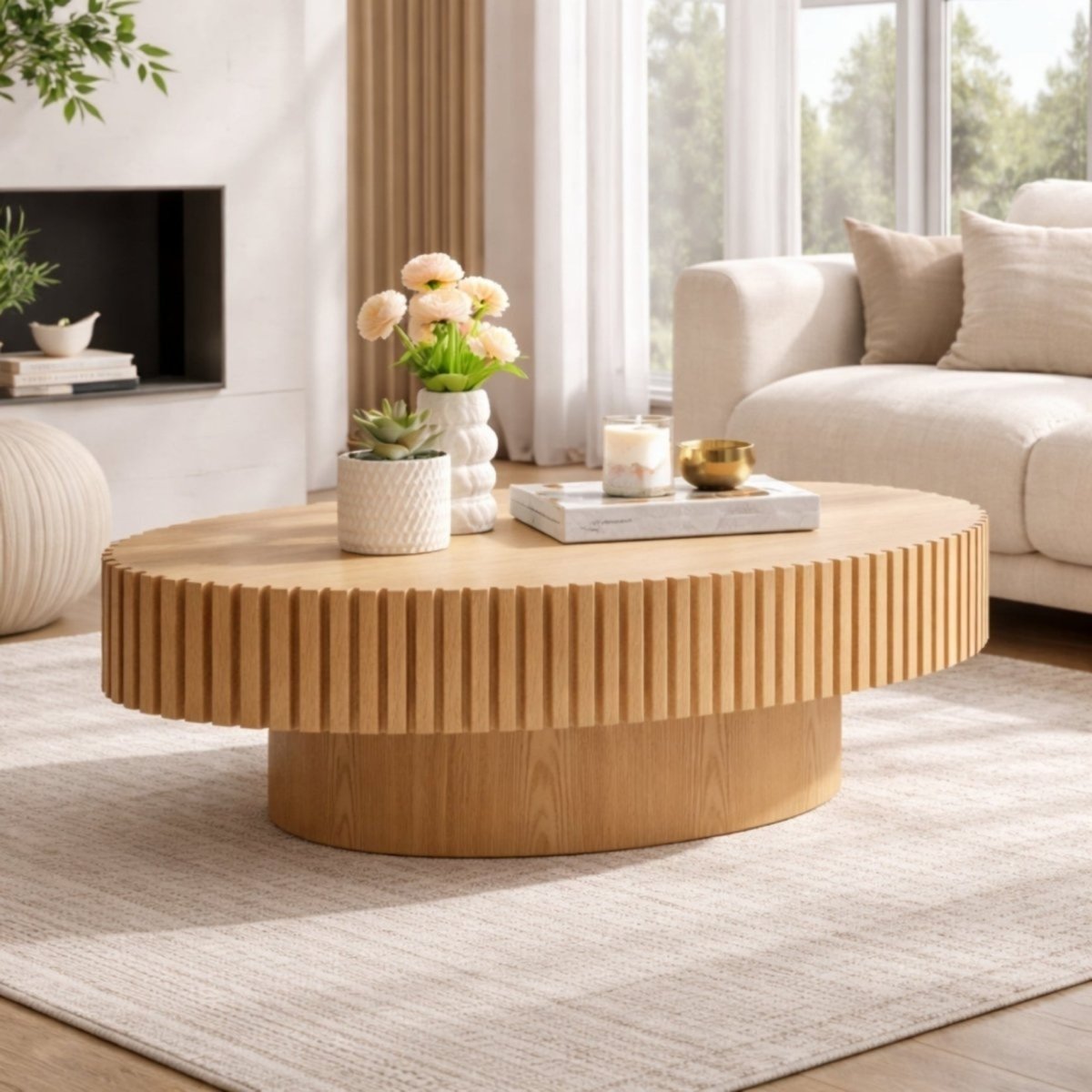 Light oak fluted oval wood coffee table centered in a modern minimalist living room by Kouvr.
