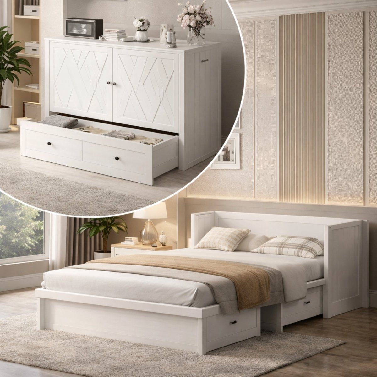 Open white convertible cabinet bed revealing a plush 4.7-inch folding guest mattress and extended solid wood sleeping frame.