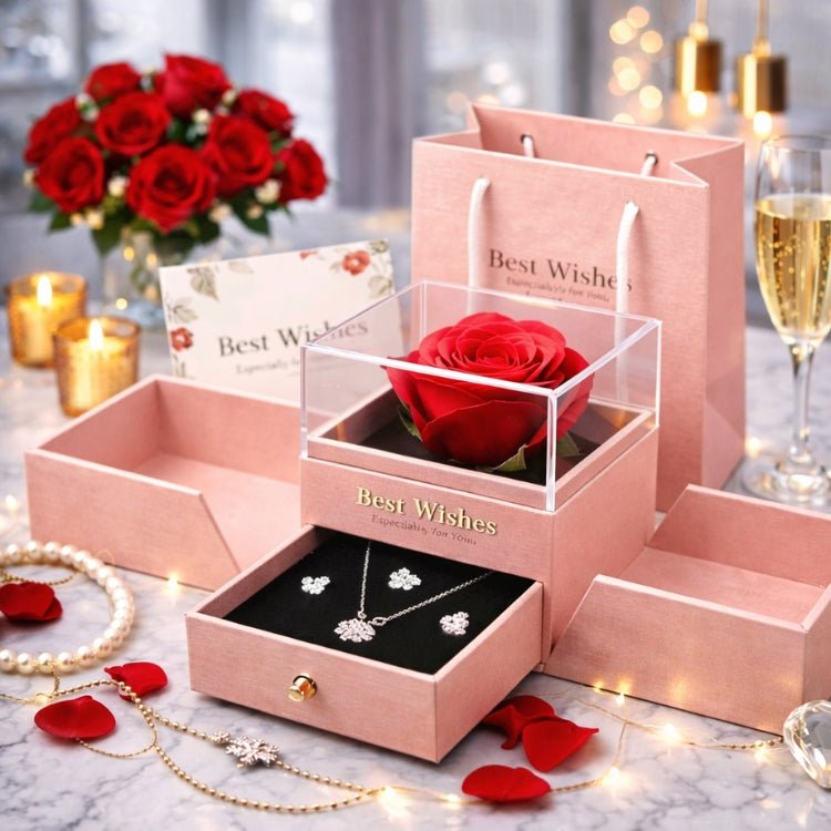 Luxury 'Best Wishes' pink gift box with a real eternal red rose and a pull-out drawer displaying a silver crystal necklace and matching stud earrings