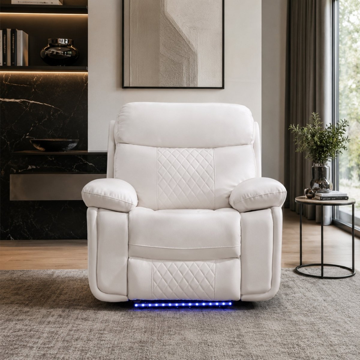 Front view of modern white luxury recliner chair featuring quilted stitching and blue LED floor lighting.
