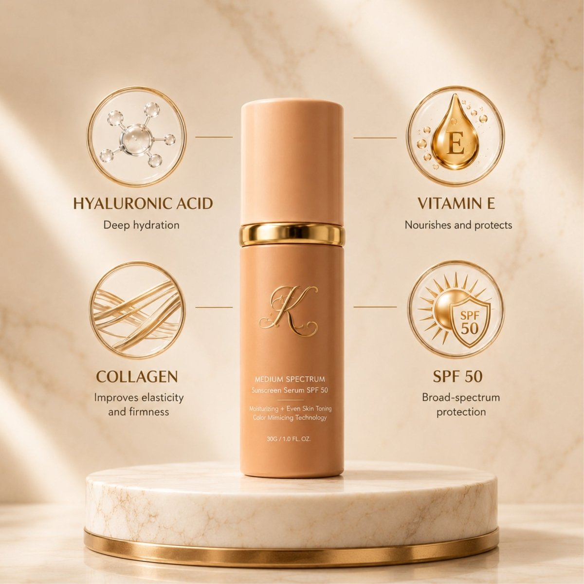 Side by side photo demonstrating the transition from visible aging lines to an airbrushed look using tone-adapting coverage makeup