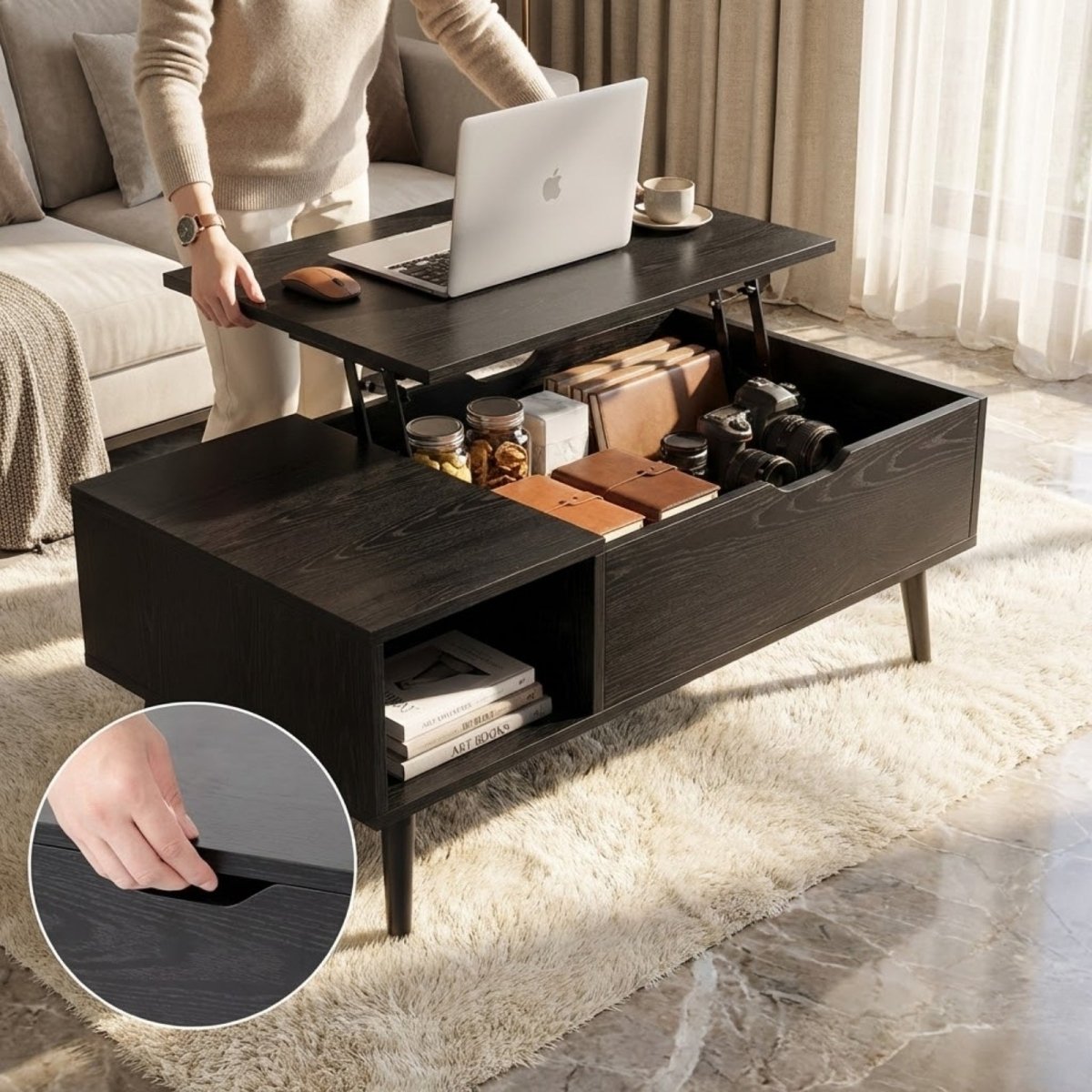 A person working on a laptop placed on the elevated surface of a modern lift-top coffee table, demonstrating its function as a work desk.