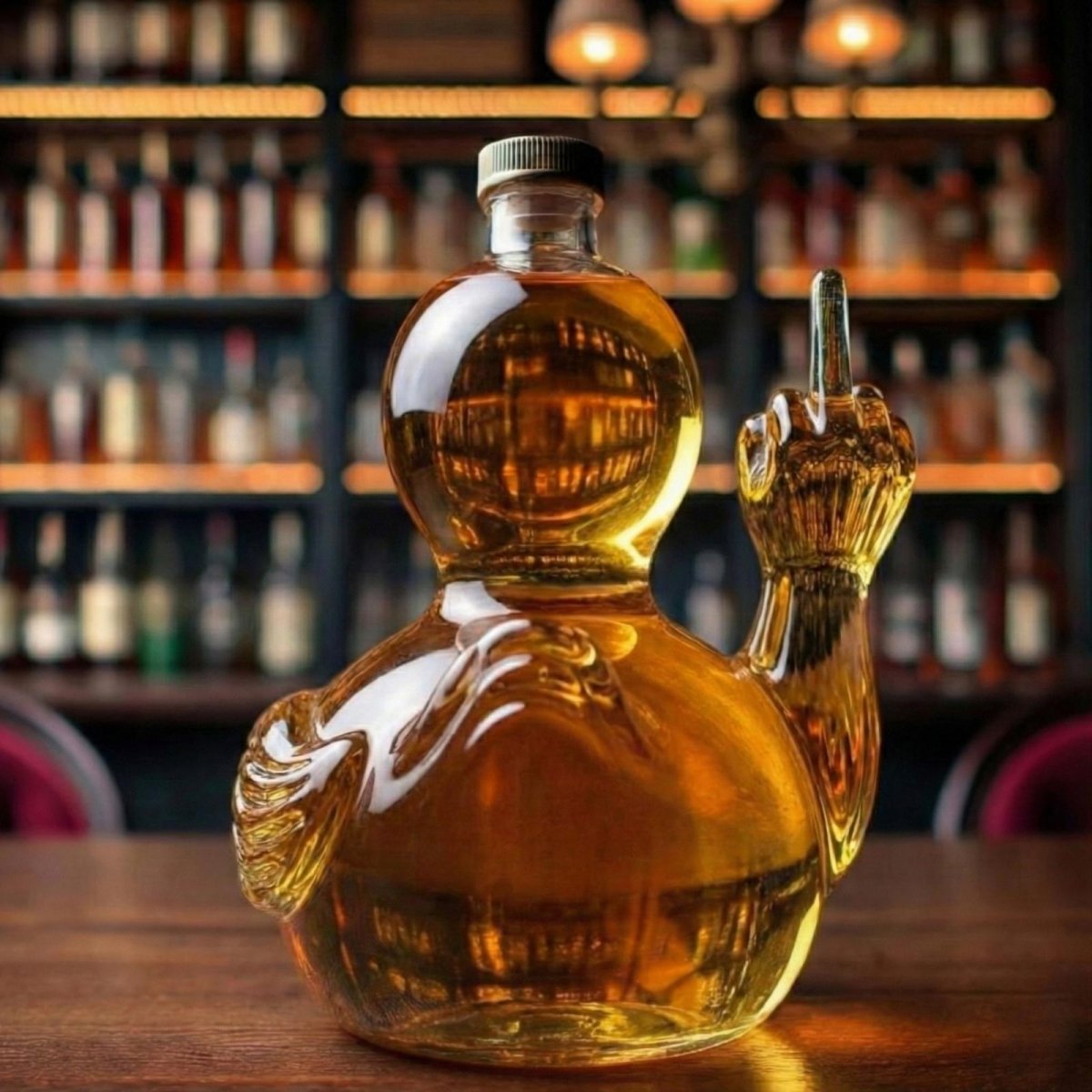 A straight-on back view of a funny whiskey decanter shaped like a duck with blue eyes and an audacious gesture, filled with amber liquid.