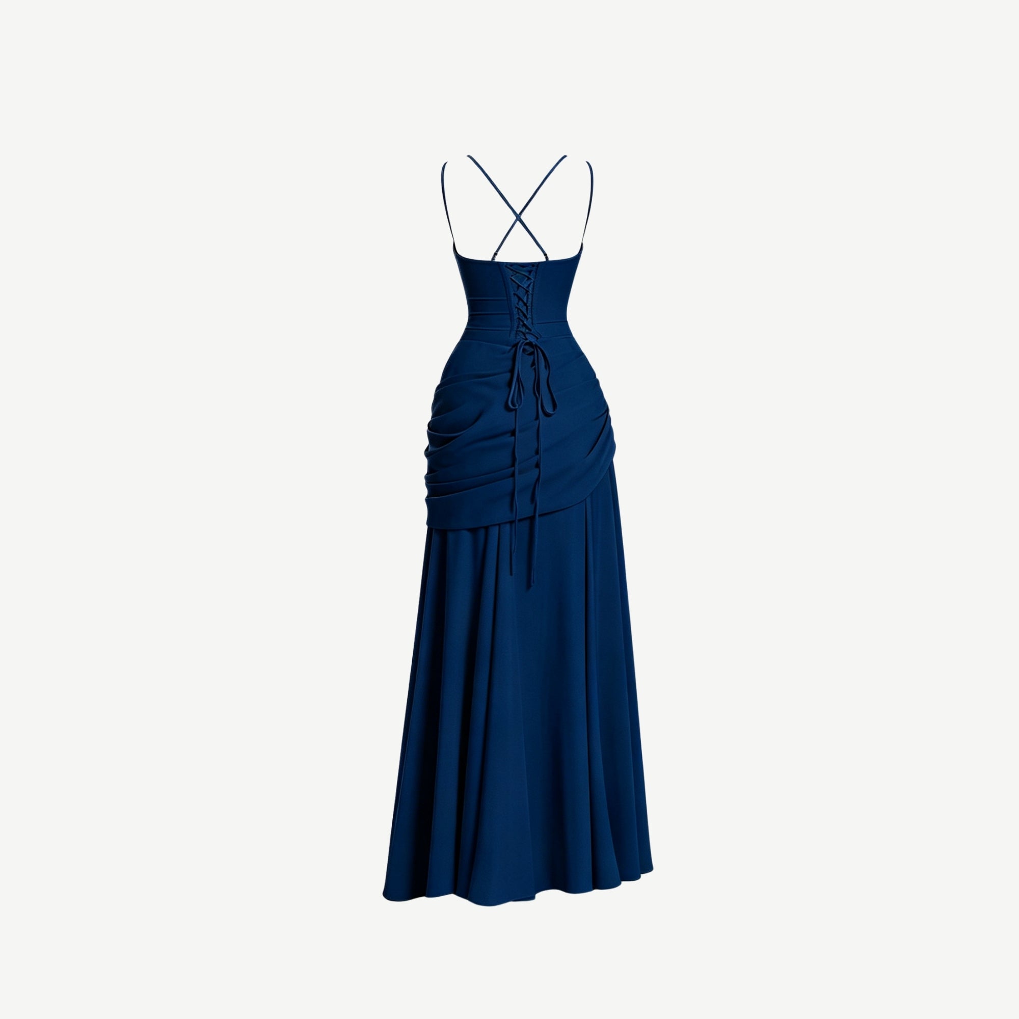 Back view ghost mannequin product photography of a dark blue formal dress highlighting the adjustable corset tie closure and open back design.