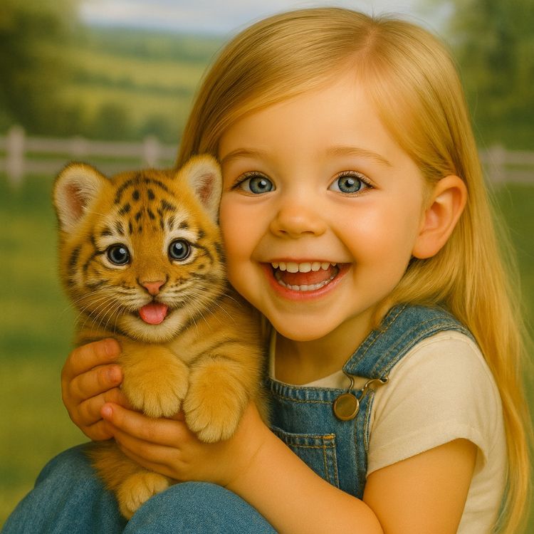 A happy young girl with blonde hair smiling brightly as she lovingly hugs her Kouvr interactive robot tiger cub companion toy.