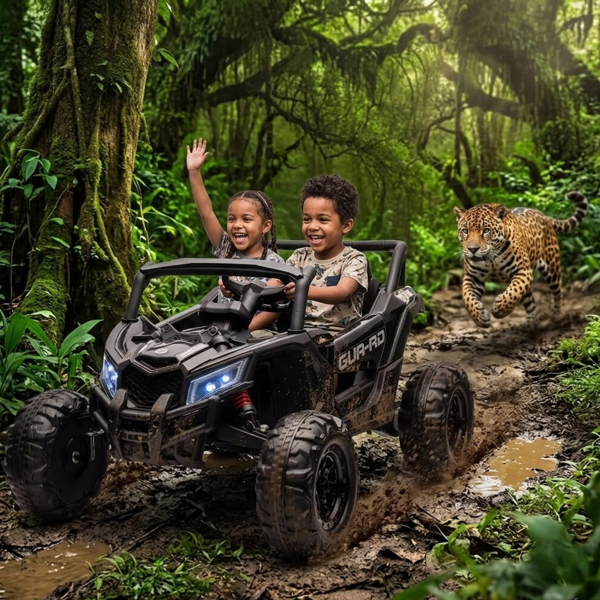 A young boy and girl laughing while driving a bright pink 24V battery-powered toy UTV on a dirt mountain trail with a grizzly bear behind them.