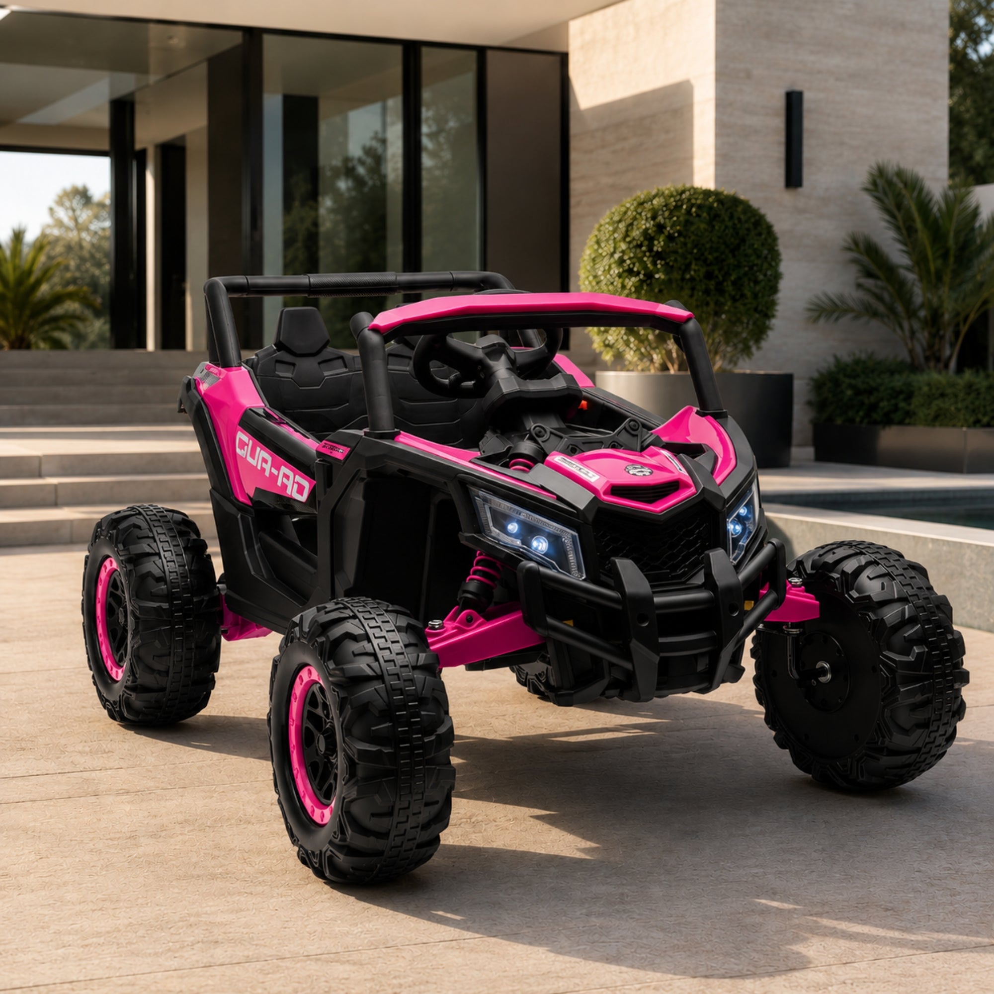 A hot pink electric ride-on car for girls featuring a realistic dashboard, large treaded tires, and protective roll cage on a sunny backyard patio.