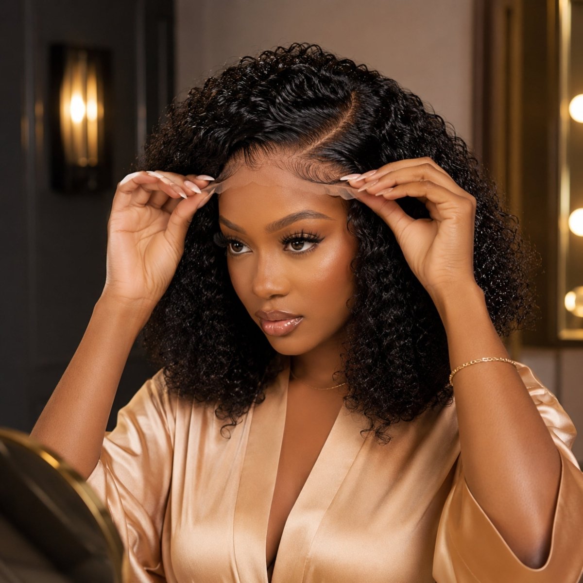 Woman demonstrating the invisible melt of a glueless 13x4 HD transparent Swiss lace frontal wig in front of a mirror.
