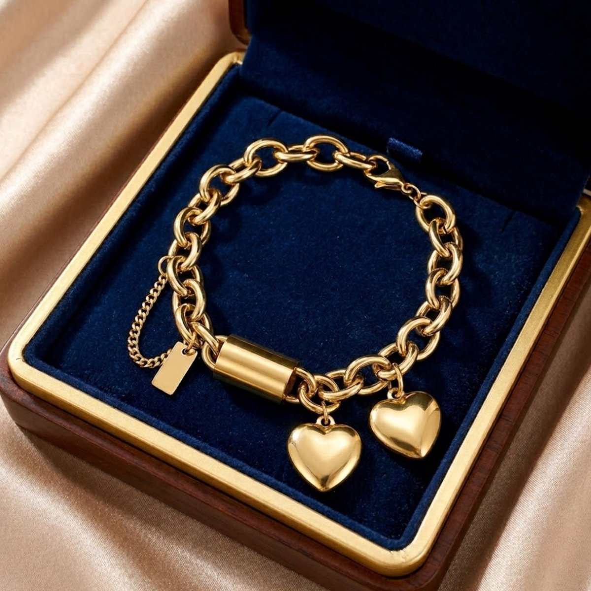 Luxury gold heart charm chunky link bracelet presented in a premium navy blue velvet jewelry box.